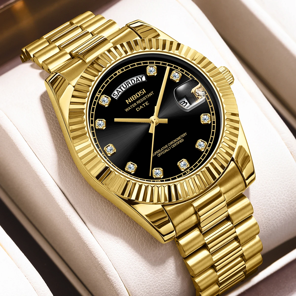 Relojes NIBOSI para hombre, marca superior, reloj clásico de lujo con diamantes, reloj automático para hombre con fecha semanal, reloj de acero inoxidable resistente al agua, reloj Masculino