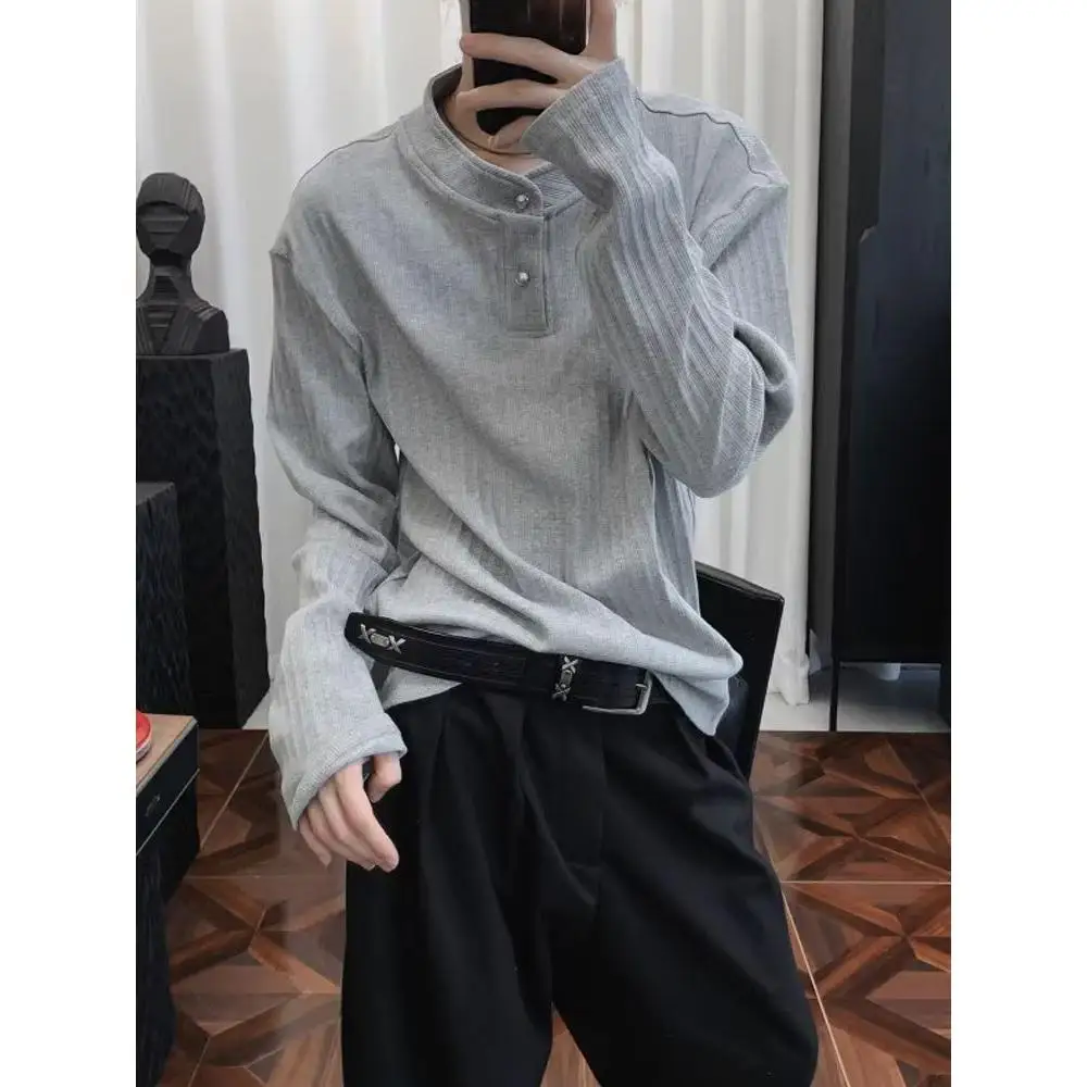 Gray Cleanfit Long Sleeve  Shirt Men's Style Autumn Casual Henry Collar T-Shirt High-End Feeling Breathable Polyester
