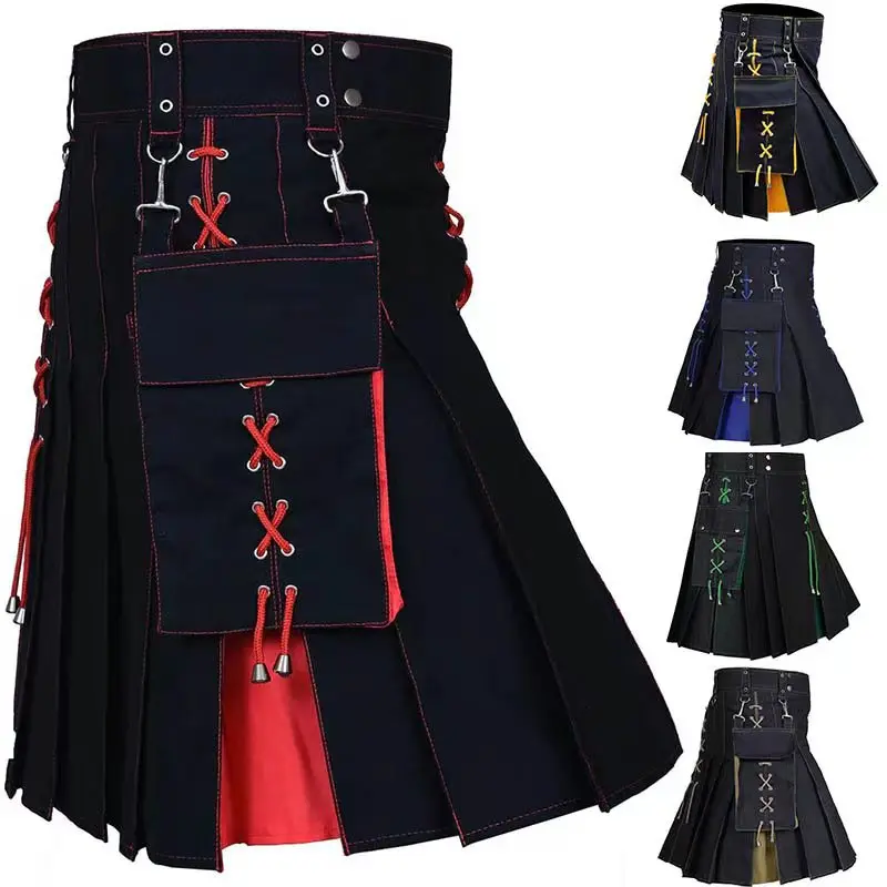Mens Kilt Utility Scottish Traditional Highland Solid Pleated Buckle Straps Costume Kilts with Cargo