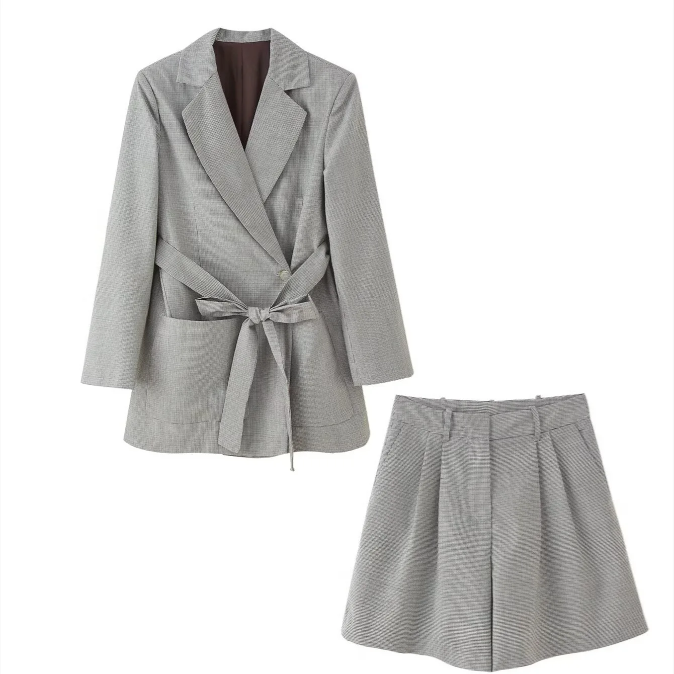 

Women Fashion Chic Suits Grey Turn-Down Collar Long Sleeves Belt Single Deduction Blazers+Mid Waist Pocket Zipper Shorts