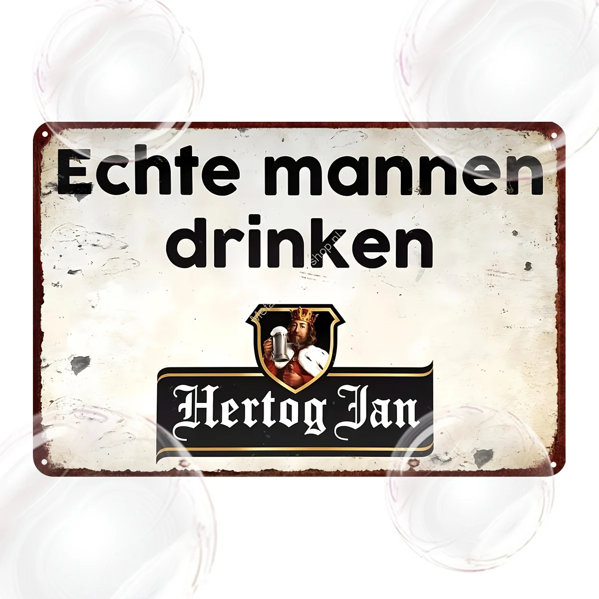 Hertog Jan Letrero de metal vintage - Decoración de pared retro "Echtemannen drinken" con diseño de escudo y escoba, placa de hierro rústica para el hogar