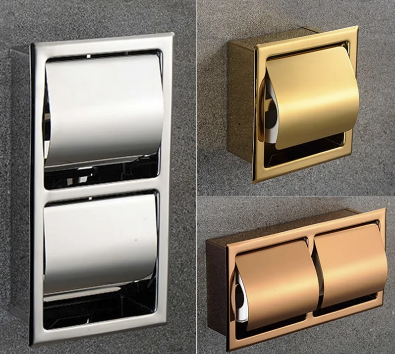 

304 Stainless Steel Polished Wall Recessed Built-in Toilet Paper Holder Public Hotel Rose Gold Concealed roll tissue