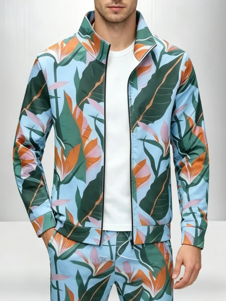 

Men's Hawaiian Tropical Print Tracksuit Bird &Flower Printed Zip-Up Jacket and Elastic Waist Jogger Pants Lightweight Streetwear