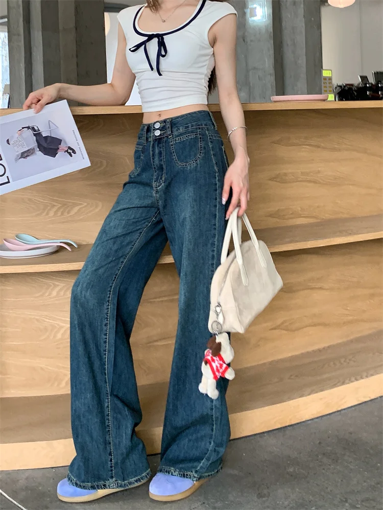 Women Spring Autumn Korean Retro Jeans Double Button High Waist Wash Straight Slim Flare Long Leg Floor Length Pants
