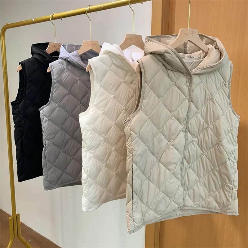 

Autumn Winter Women Hooded Down Waistcoat Jacket Ultra Light White Duck Down Vest Parkas Female Warm Sleeveless Short Tank Coat