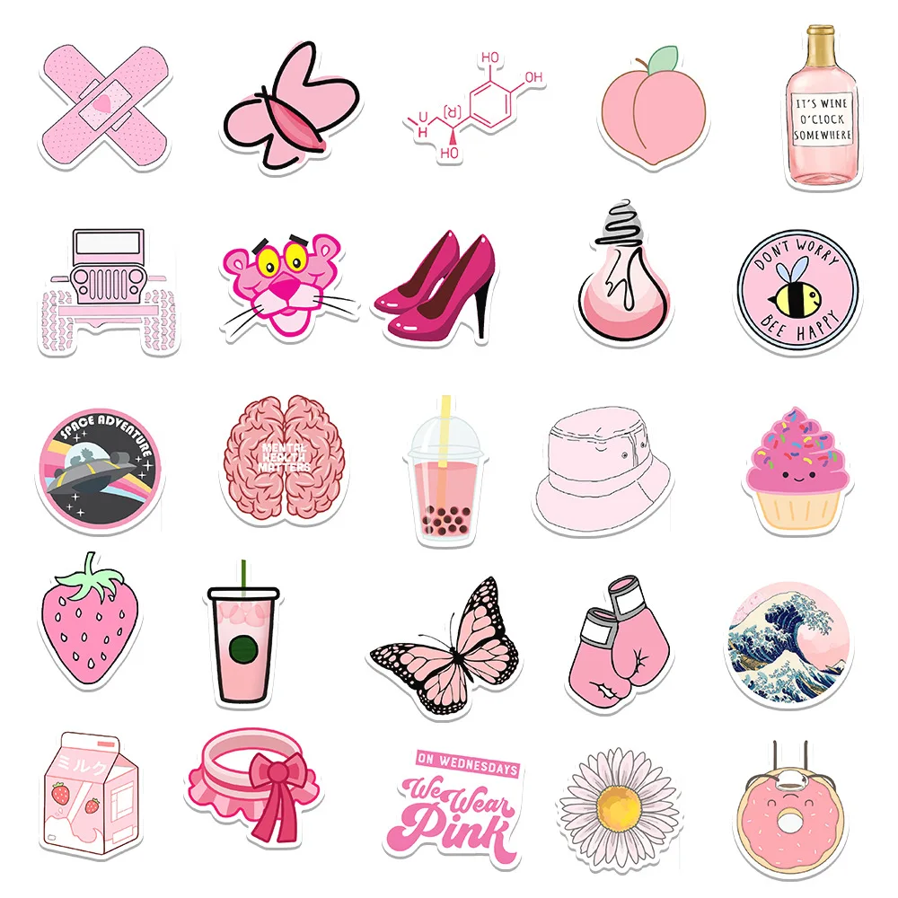 50/100/150PCS Pink Fresh Stickers Stationery Decals Laptop Computer Guitar Water Cup Mobile Phone Case Decoration DIY Stickers