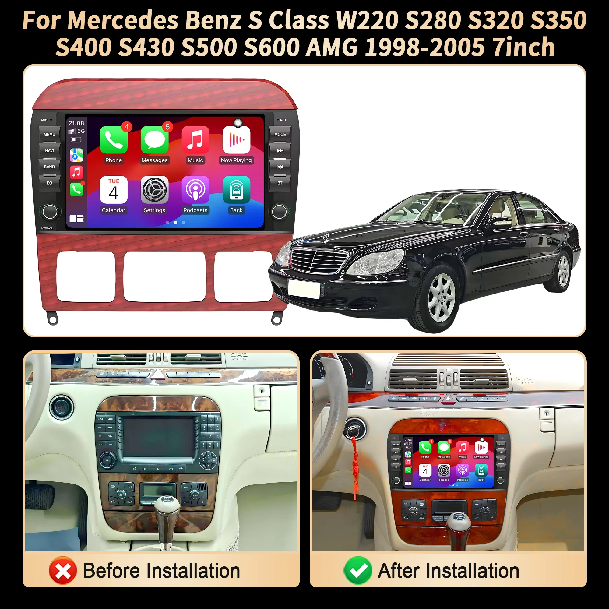 7 inch Car Radio For Mercedes Benz S Class W220 S280 S320 S350 S400 S430 S500 S600 AMG 1998-2004 2005 BT CarPlay Touch Screen