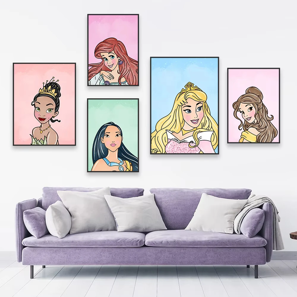 MINISO Disney Watercolor Princess Wall Art Poster Girl Bedroom Decor Prints Belle Tiana Rapunzel Poster Cartoon Canvas Painting