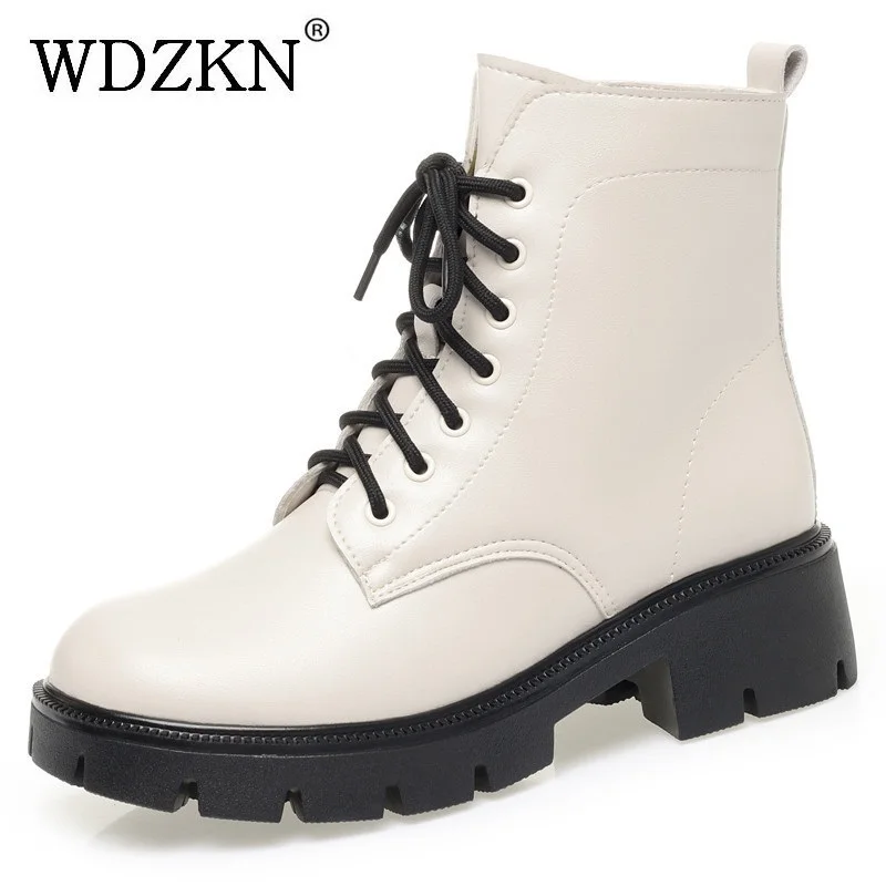 

WDZKN Autumn Winter Thick Heel Ankle Boots For Women Chunky Platform Natural Wool Warm Snow Boots Ladies Leather Cotton Shoes