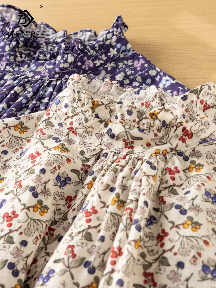 

New 2026 Spring Women Cotton Yarn Long Sleeve Shirt, Ruffled Floral Print, Mori Girl French Age Reduction Loose Blouse T62351CC