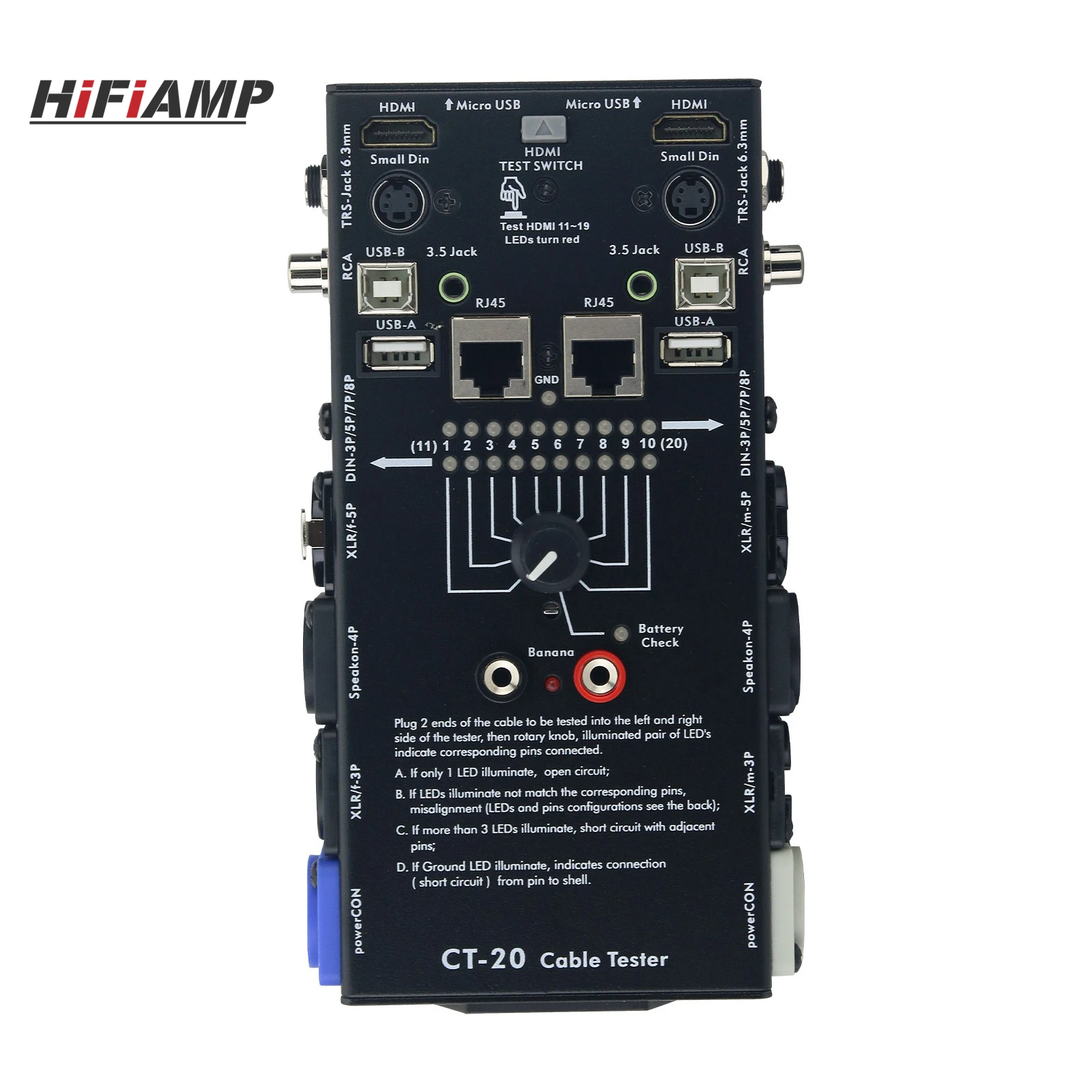 HiFiAMP CT-20 Audio Cable Tester RJ45 Cable Tester (Measures 20 Types) for HDMI-compatible PowerCON Speakon