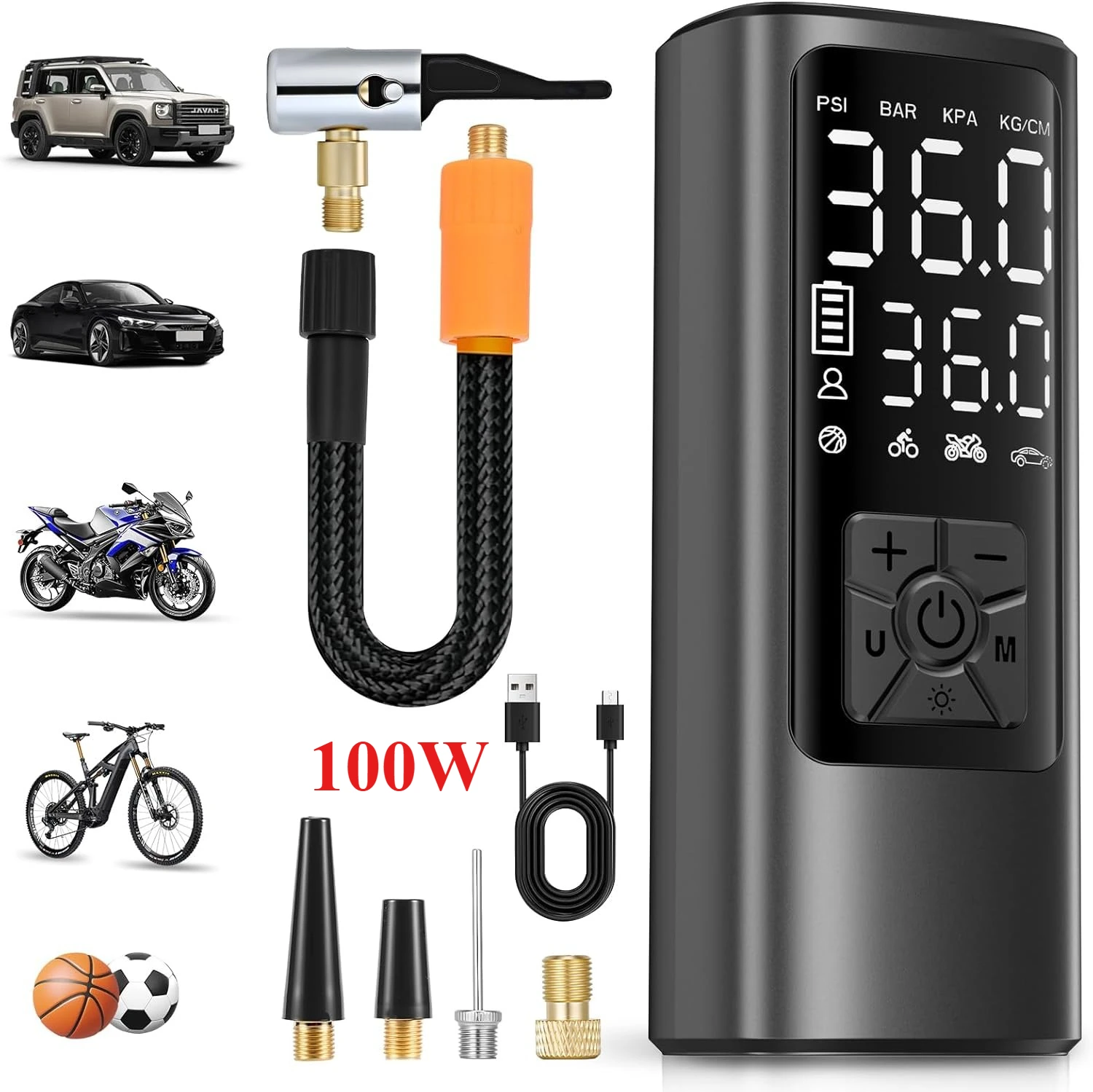 Pompe à air numérique portable 100W 12V, 4500mAh, 150PSI, sans fil, avec lumière LED, gonflage rapide, arrêt automatique pour voiture, moto, vélo
