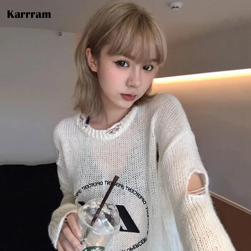 Karrram Y2k Aesthetics Hole Pullover Japanese Harajuku Hollow Out Sweater Fairy Grunge Ripped Jumpers Oversize Broken Knit Tops