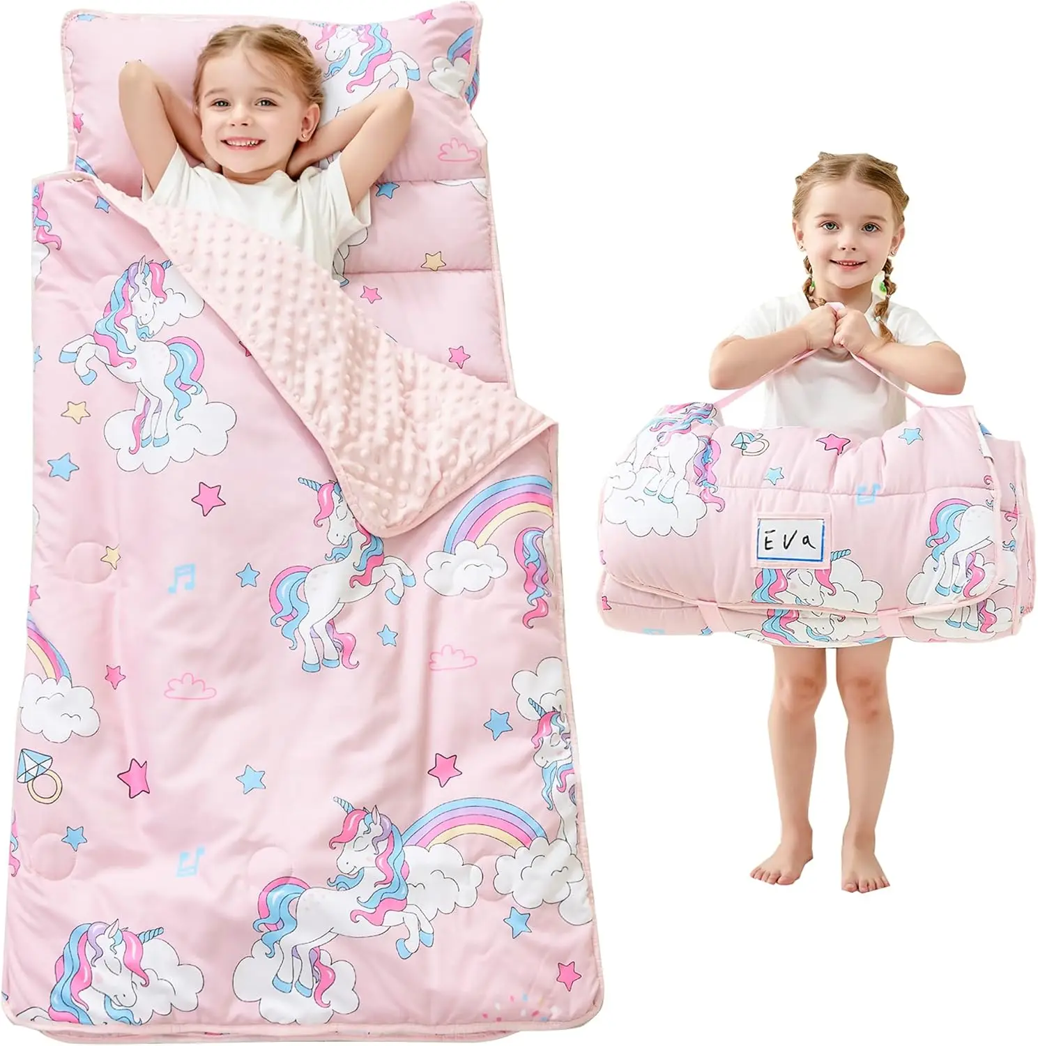 

Extra Large Toddler Nap Mat with Pillow and Blanket, Rolled Sleeping Bag for Daycare, Preschool, Travel