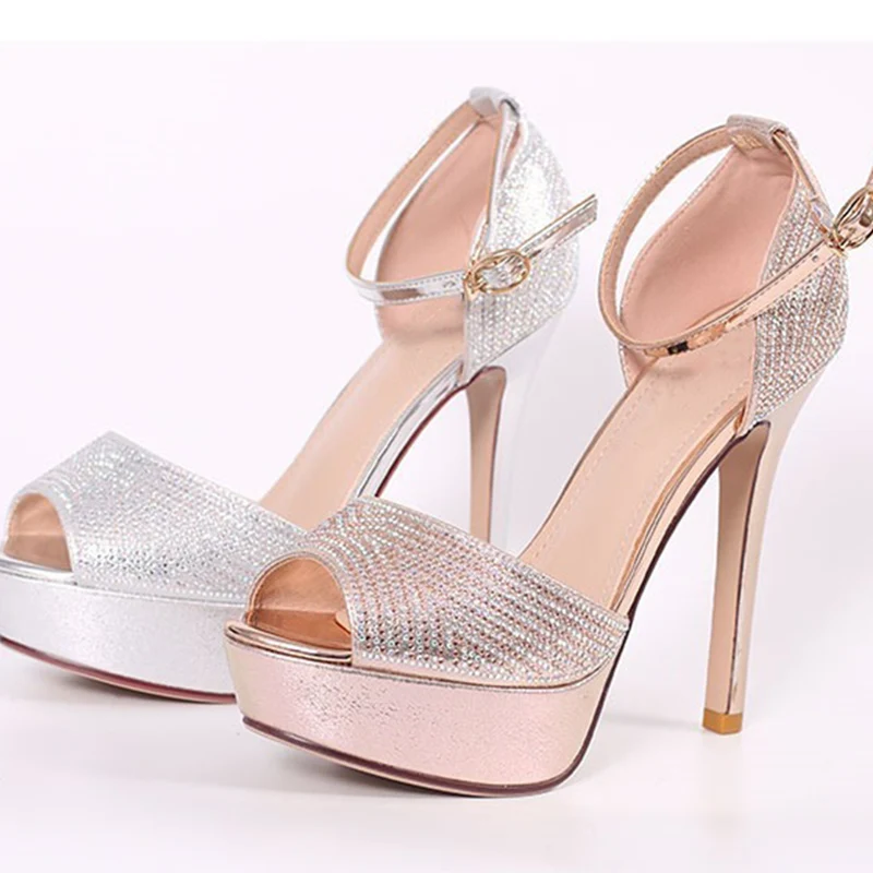 2024 Women 12cm High Heels 3cm Platform Peep Toe Pumps Lady Extreme Heels Crystal Bling Sandals Queen Diamond Gold Sandles Shoes