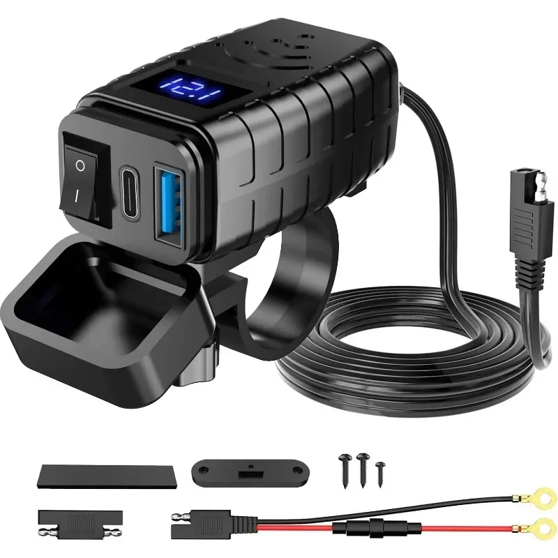 

1pc Motorcycle PD+QC3.0 USB Fast Charger 60W Handlebar Dual USB Socket with Switch Voltmeter Waterproof 12V Power Supply Adapter