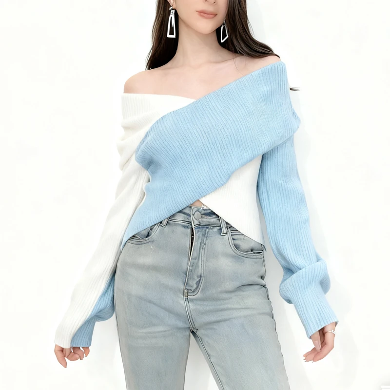الخريف المرأة مثير طويلة الأكمام خارج الكتف سترة الشتاء عادية بلوفر مغزول موضة أنيقة عبر اللون تقسم تريكو