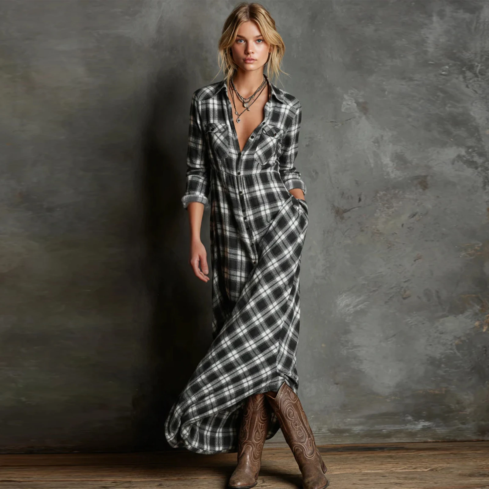 Women Fashion Plaid Dress Classic Lapel With V Neck Comfort Dress Female Daily Outdoor Casual Style Comfortable Long Dress