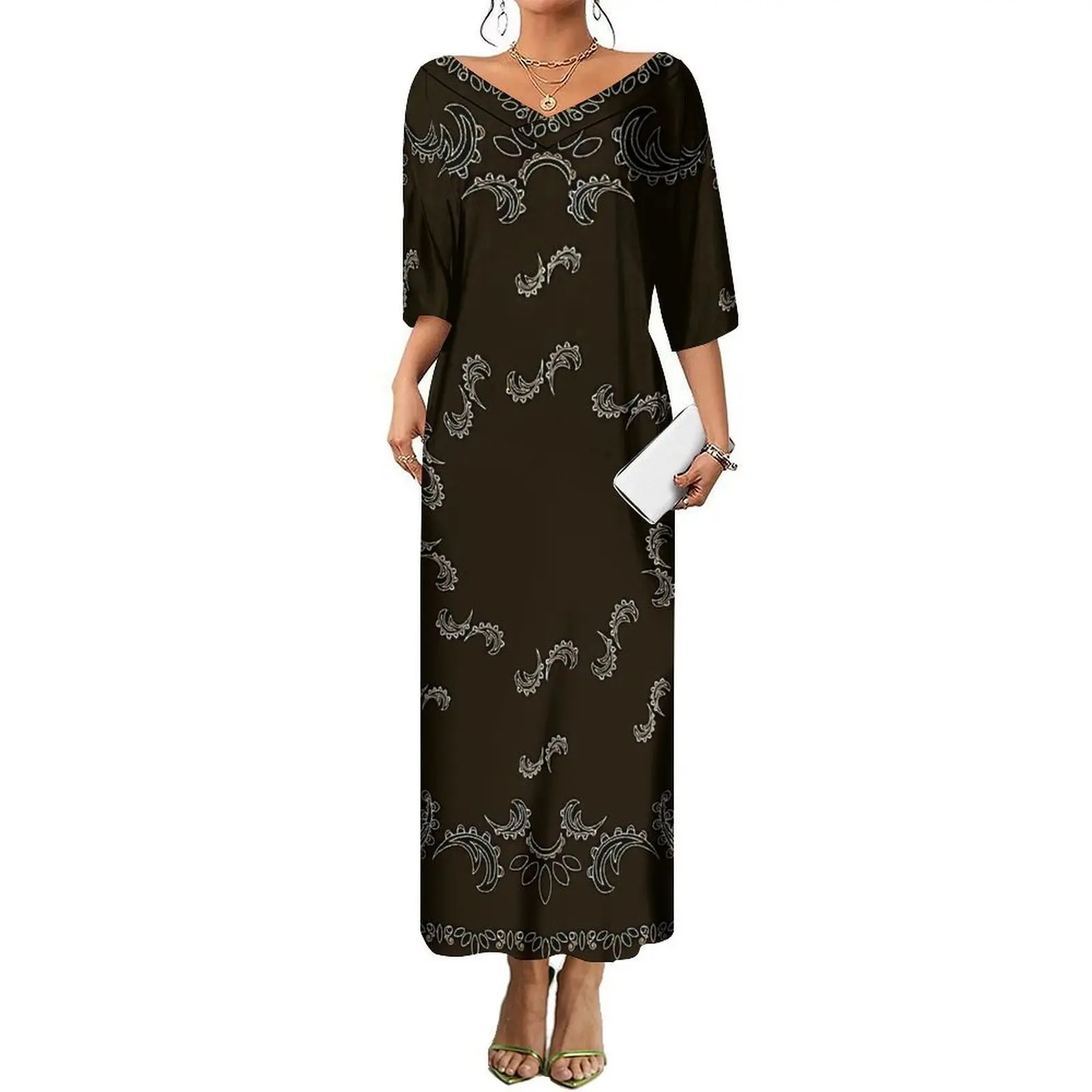 

V-Neck Mid-Sleeved Loose Long Women'S Dress Bandana With A Casual Design Sense Is A Party And Holiday Outfit