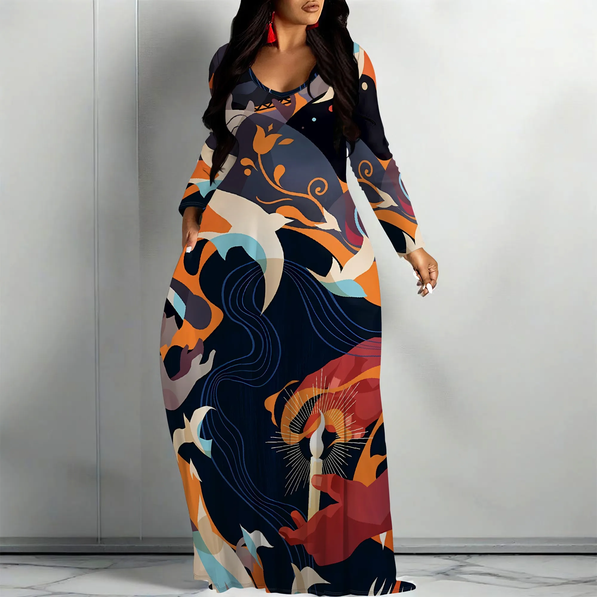 

Nupusa Colorful Abstract Print Dress for Women Regular Size Summer Casual Round Neck Long Sleeve Maxi Dress