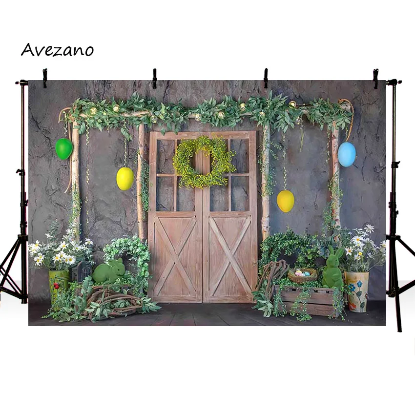 خلفيات Avezano لربيع عيد الفصح للتصوير الفوتوغرافي بيض الأرنب والعشب والباب الخشبي صورة الطفل خلفية ديكور استوديو الصور