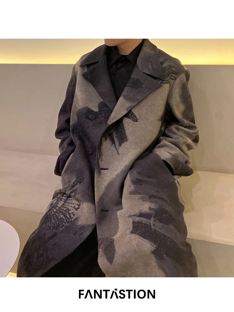 

FANTASTION Original design Ink-washed printing crow patterns woolen coat oversized Casual coat loose tops outerwear jackets