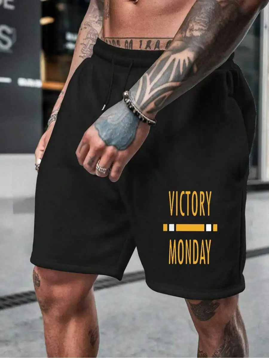 

Mens Black Loose-Fit Shorts Featuring Victory Monday Typography Print For Streetwear And Gym Use