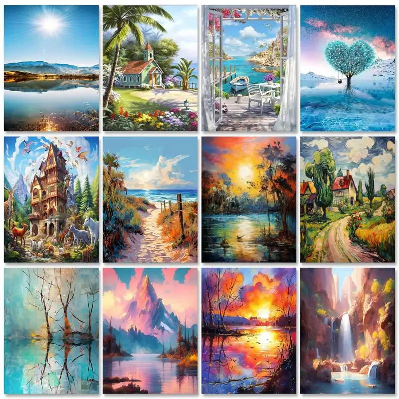 GATYZTORY Diamond Painting Full Round Drill Lake Mountain Landscape Diy Embroidery Fantasy Mosaic Gift Cross Stitch Kits