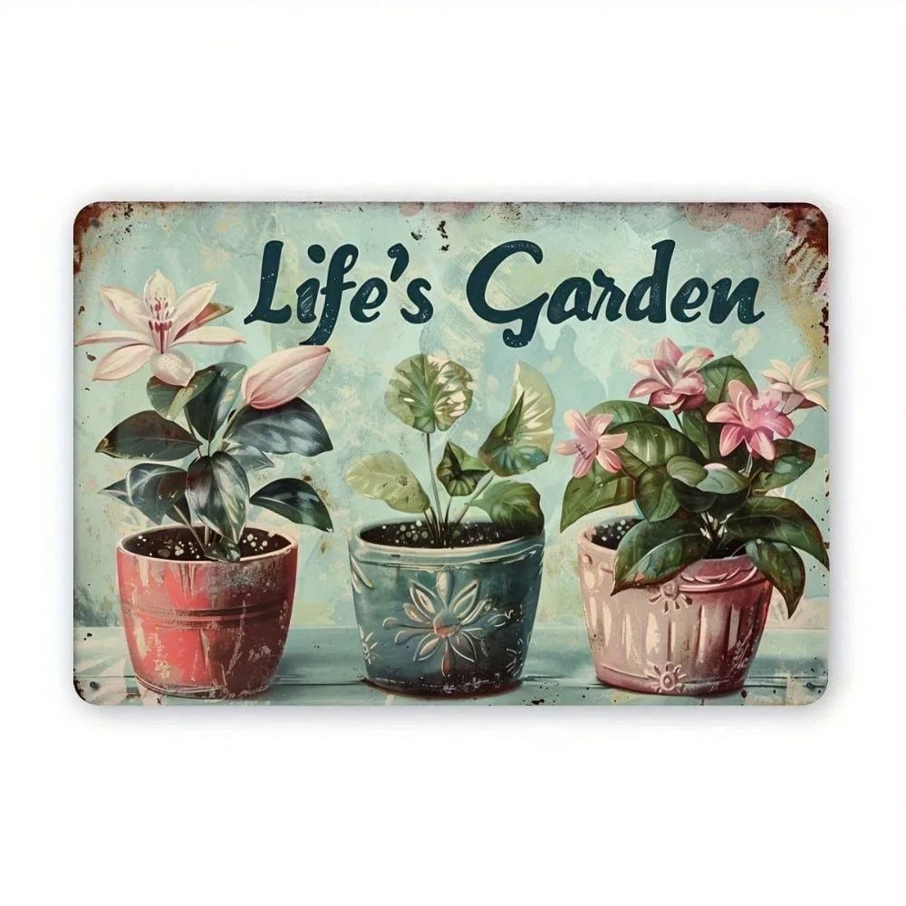 

Vintage Metal Tin Sign Floral Potted Plants Blue Rustic Wall Art Decor 12x8 Inch for Home Office Outdoor