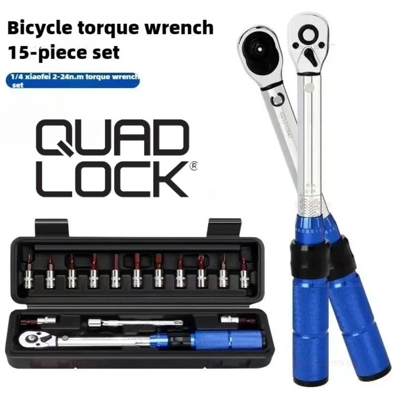 

QUAD LOCK 15Pcs Bicycle Torque Wrench Set with Preset Type Spanner and Allen Keys 2-24Nm Dual Direction Bike Repair Tool Kit