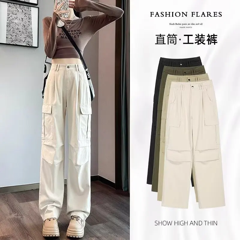 Ins Trendy American Straight Leg Casual Cargo Pants for Women Summer Autumn 2025 New Multi Pocket Narrow Version Wide Leg Pants