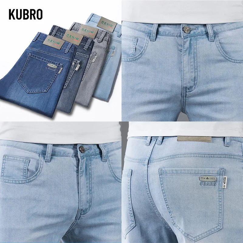 KUBRO-calça jeans fina de seda fria lyocell masculina, cintura alta, reta, jeans stretch, tamanho grande 28-40, moda americana, verão