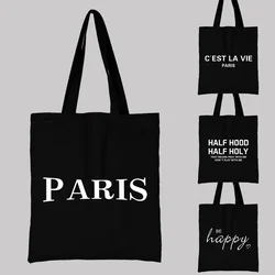 Female Bags Shopper Bag College Student Canvas Tote Bag Text Pattern Series Harajuku Style Black Printing High Capacity