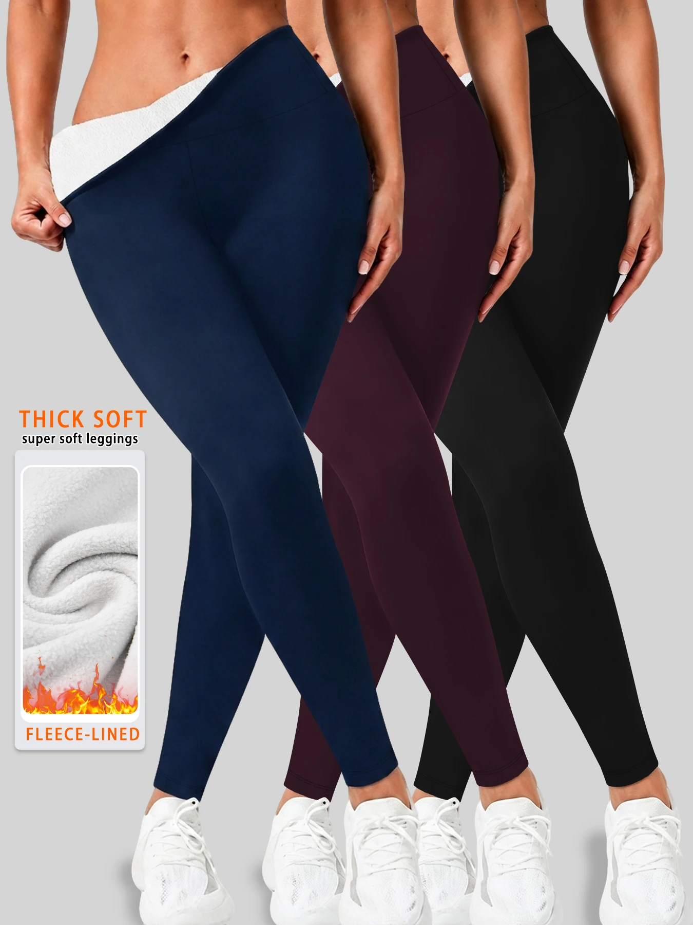 3 pack Women's high waisted fleece-lined leggings Features thick soft fabric tummy control and thermal warmth for winter workout