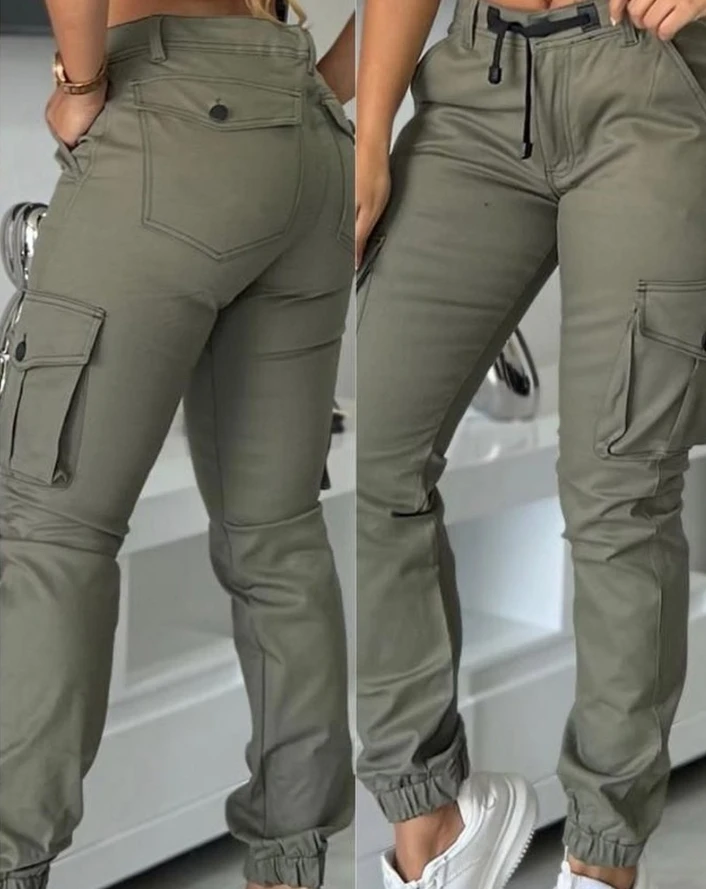Women's Work Pants 2025 Summer High Waist Multiple Pockets Design Cuffed Cargo Pants Slim Fit Trousers Y2k Fashion Streetwear