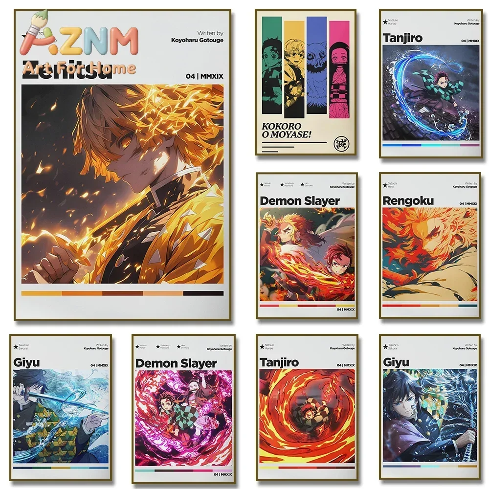 AZNM Demon Slayer Anime Canvas Wall Art Tanjiro Zenitsu Rengoku Giyu Modern Poster Style Canvas Print Bedroom Decor Poster