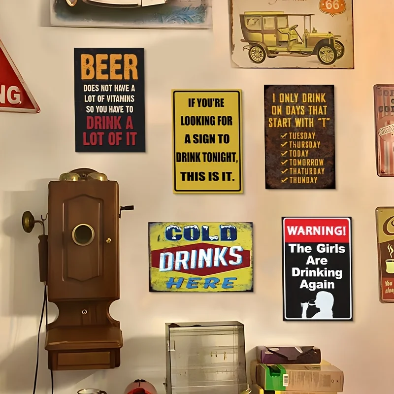 Vintage Funny Beer Drinking Quote Metal Tin Sign 8x12 in,5Pcs 2D Flat Cold Drinks Here Bar Pub Man Cave Retro Iron Plaque Wall D