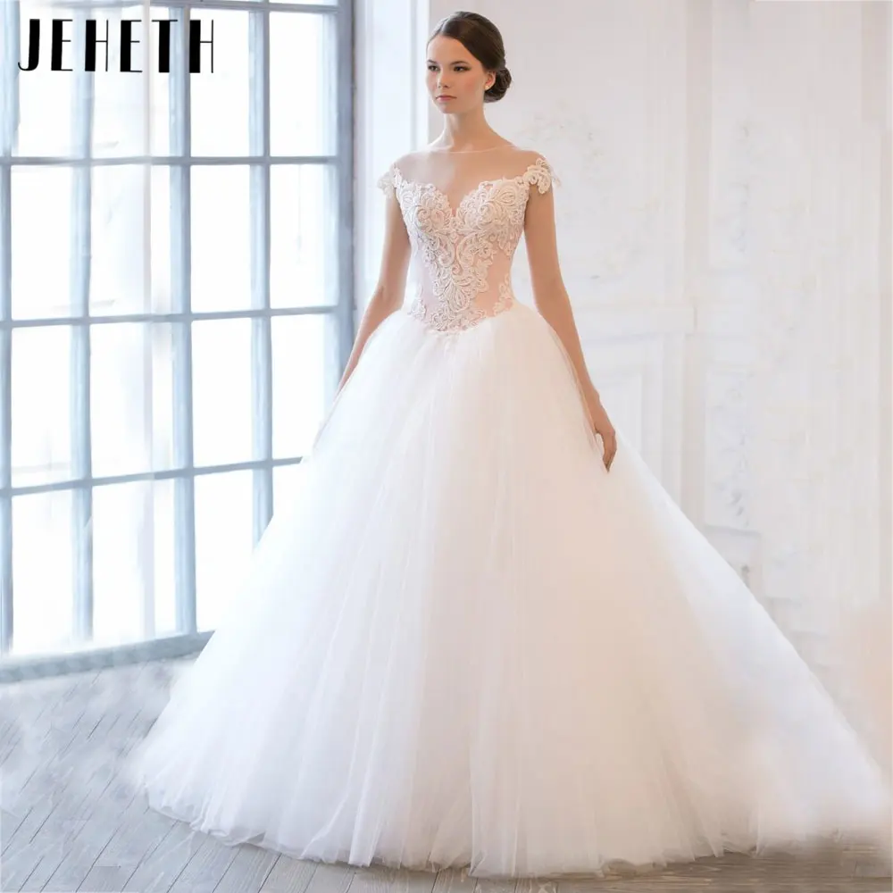 

JEHETH Elegant Cap Sleeves Tulle Wedding Gown Romantic Scoop Neck Backless Bride Dresses Back Buttons vestido branco Custom Made