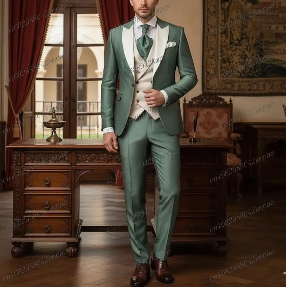 

New Mint Green And White Formal Men Suit Groom Groomsman Wedding Party Prom Business Male Tuxedos 3 Piece Set Blazer Vest Pants