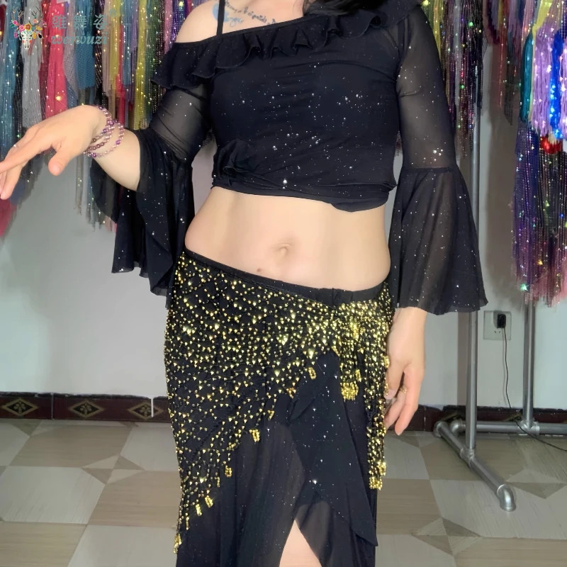 

Belly Dance Waist Chain Sequin Fishing Net Tassel Big Triangle Scarf Shawl Dance Practice Costume Hollow Lacing Hip Scarf