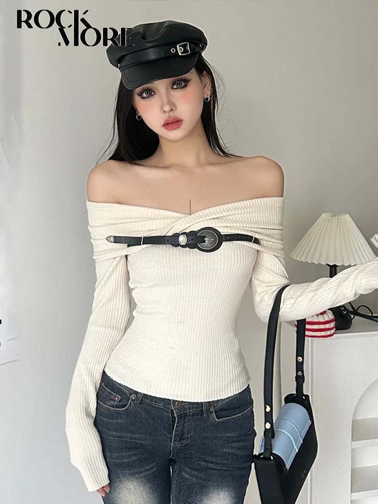 Rockmore Off Shoulder Belt Chic T Shirt Streetwear Y2K Aesthetic Long Sleeve Slash Neck Slim Fit Tops Women Casual Korean 2023