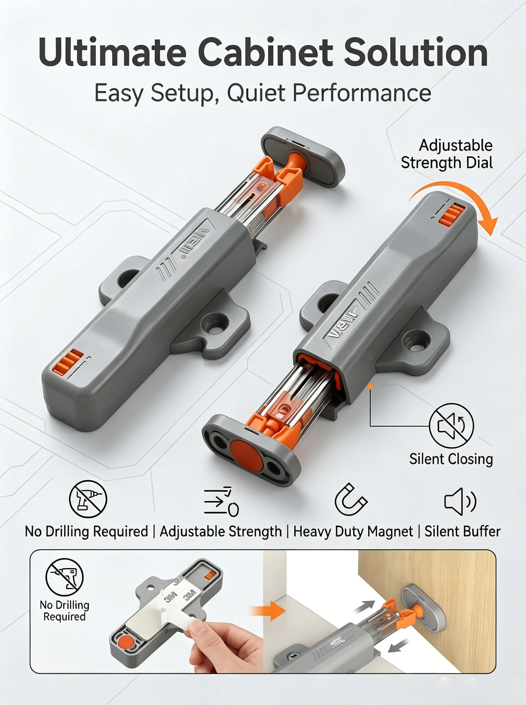 Magnetic Push to Open Latch (2 Pack), Heavy Duty Cabinet Touch Latch, Child & Pet Proof, Soft Quiet Close