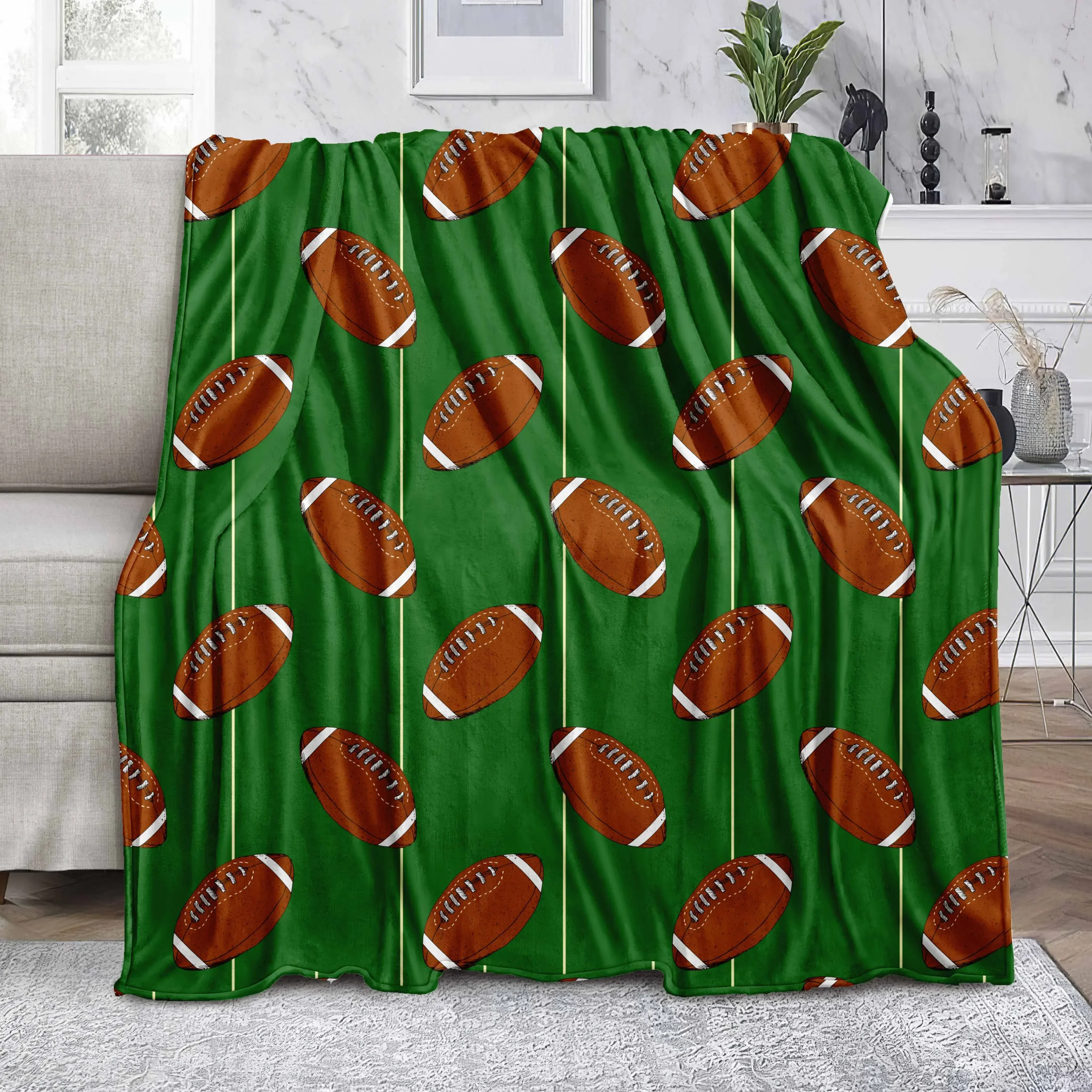 Vibrant Green Rugby Design Soft Microfiber Throw Blanket  Cozy for Bed Sofa Camping Picnic  Winter Warmth Decor