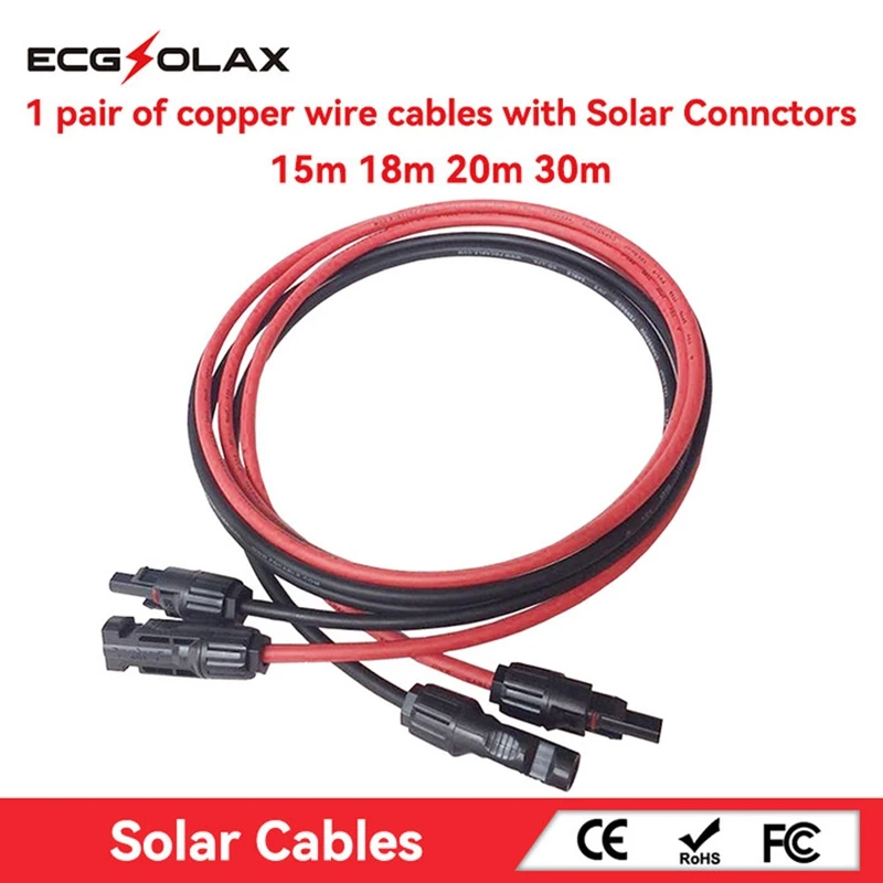 

ECGSOLAX 1 Pair 6mm² 10AWG Solar Panel Extension Cable Copper Wire 30A 1500V Black and Red Wire With Solar Connector 15m 20m 30m