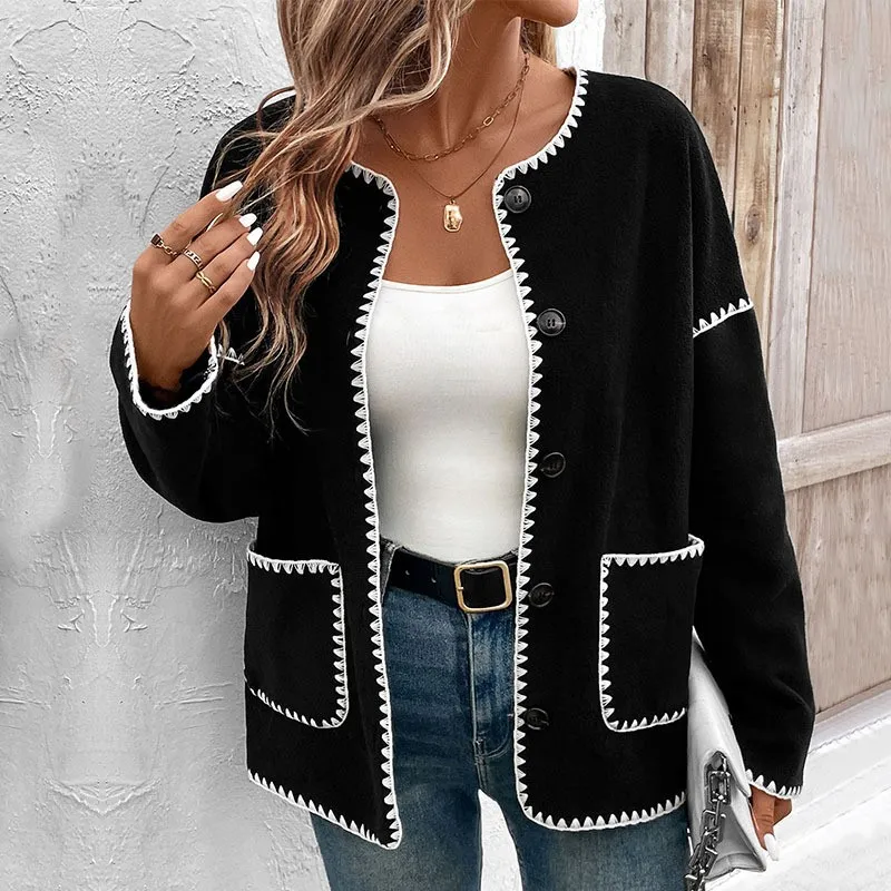 Women's Fleece Jacket Coats Spring Fall Fashion Loose Contrast Trim O Neck Long Sleeve Tops With Pockets Casual Black Coat Tops