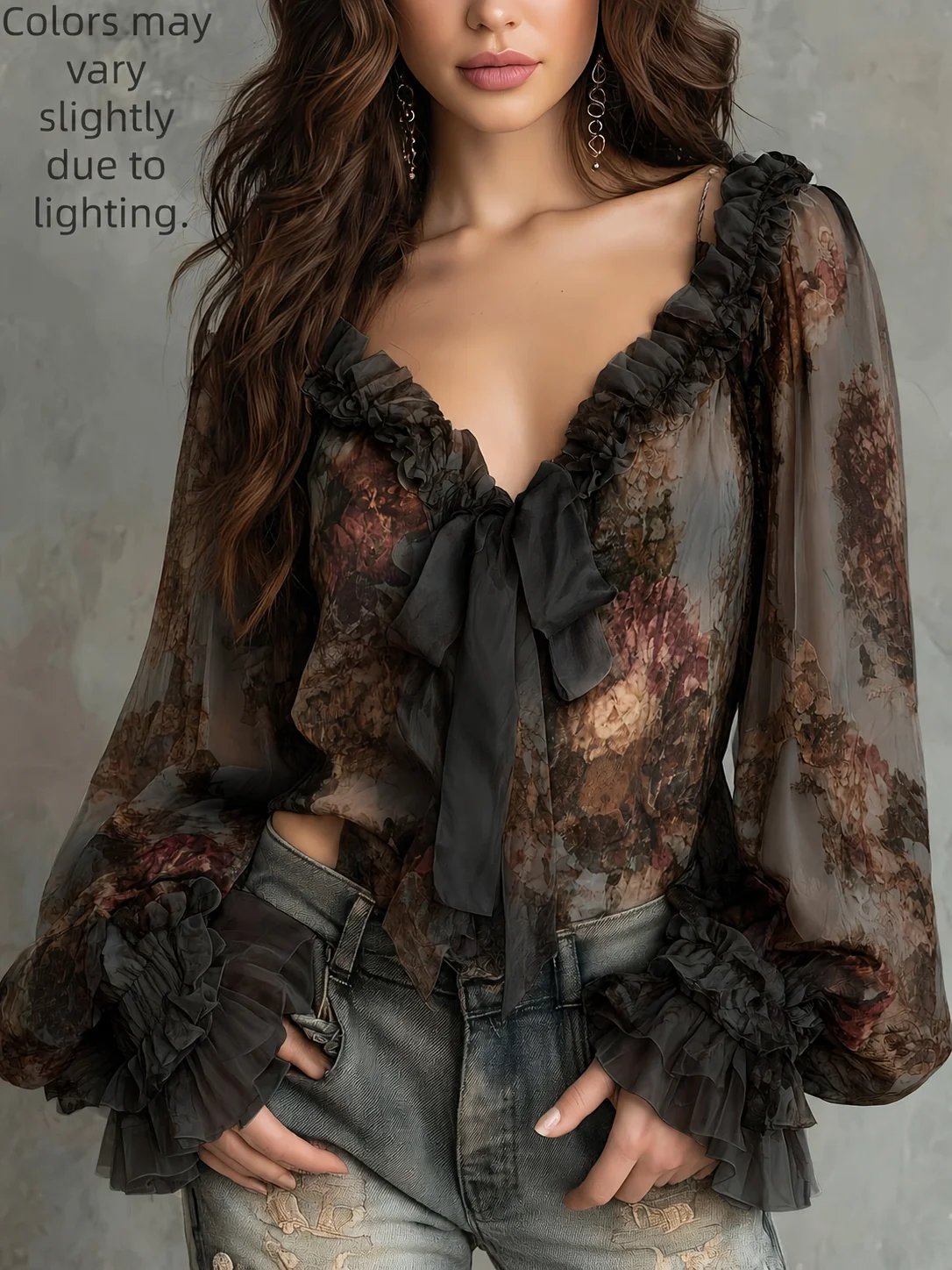 Damen Vintage Blumenmuster V-Ausschnitt Bluse mit Glockenärmeln Chiffon-Top Elegante Retro-Mode – Detail 10