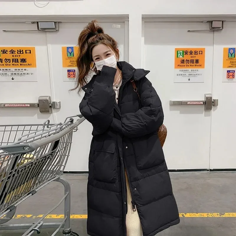2025 Winter New Down Cotton Jacket Women's Loose Hooded Korean Edition Medium To Long Knee Over Thickened Warm Coat Pink Grey