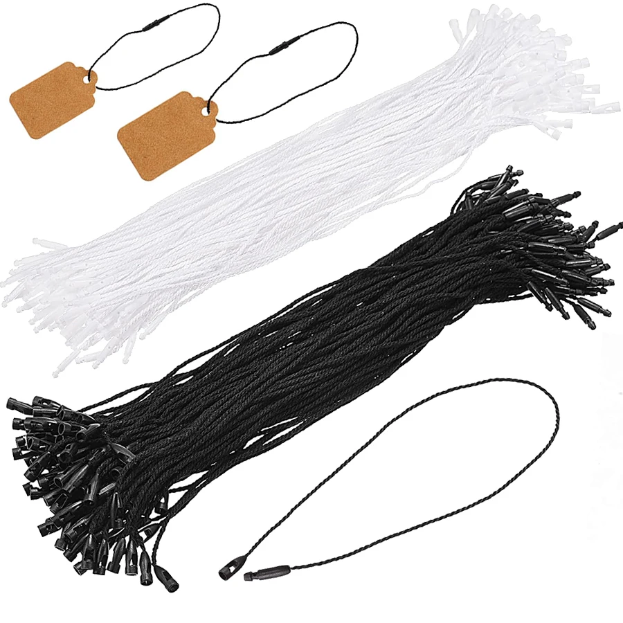 100 Uds. Cuerdas para etiquetas de ropa de poliéster con cierres a presión de plástico, cuentas de bala, etiquetas para ropa, etiquetas para venta al por menor, suministros para festivales JXB