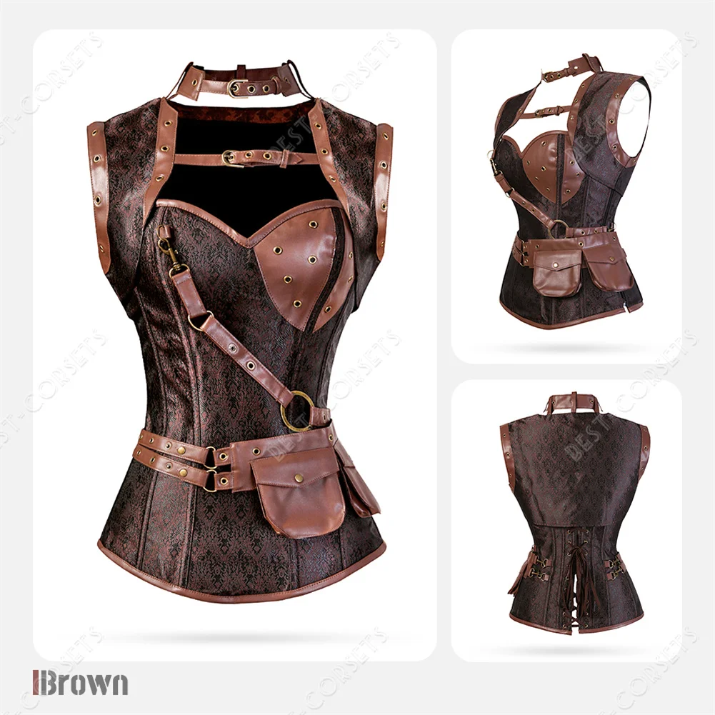 Steampunk Corset Dresses for Women Burlesque Viking Pirate Costume Halloween Cosplay Plus Size Faux Leather Corset Dress Brown