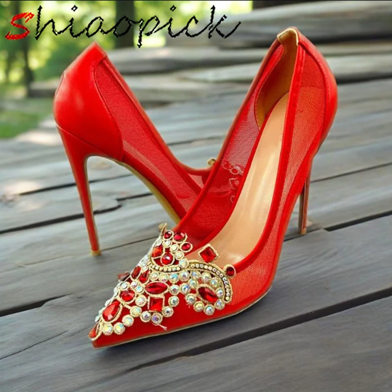 

Gorgeous Woman High Heels Red Mesh Pumps Stilettos Pointed toe Crystal Decor Wedding Bridemaids Miss ology Christmas Gift Shoes